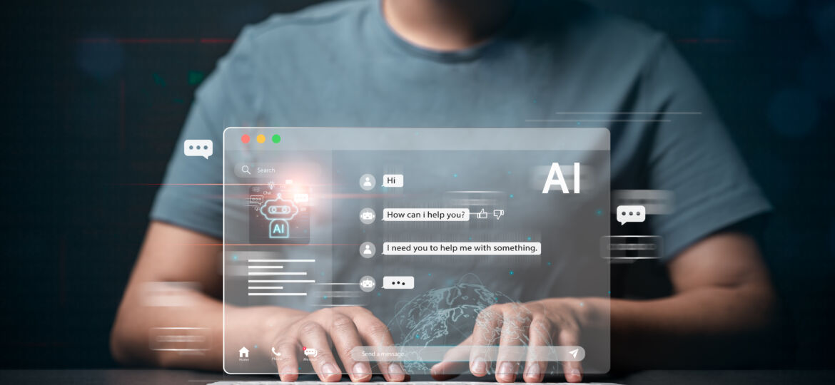 Businesswoman using computer at digital display Talk to chat bot