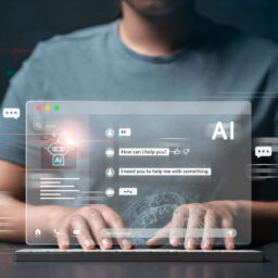 Businesswoman using computer at digital display Talk to chat bots with AI or artificial intelligence technology. Communicating conversations and asking for help